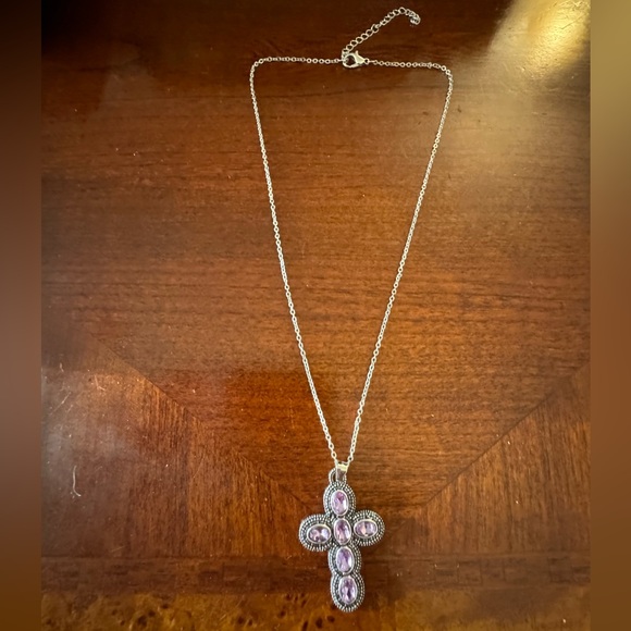 Purple Amethyst, Simulated, Retro Cross Pendant Silver Plated Necklace - Picture 6 of 8